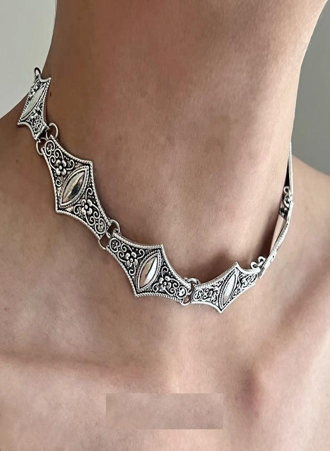 Cykdohy Short Oxidized Filigree Choker Statement Necklace for Women Men Ancient Punk Gothic Patterns Geometric Neck Chain Collar Bib Vintage Retro Necklaces Inidan Traditional Bollywood Gypsy Jewelry (Ancient Silver) - Image 3